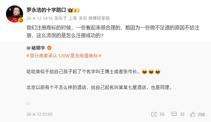 罗永浩吐槽120W是充电器商标：这么流氓是怎么注册成功的近日，罗永浩在微博公开吐槽，直指部分商家将“120W”注册为充电器商标，误导消费者以为是充电功率，引发全网热议