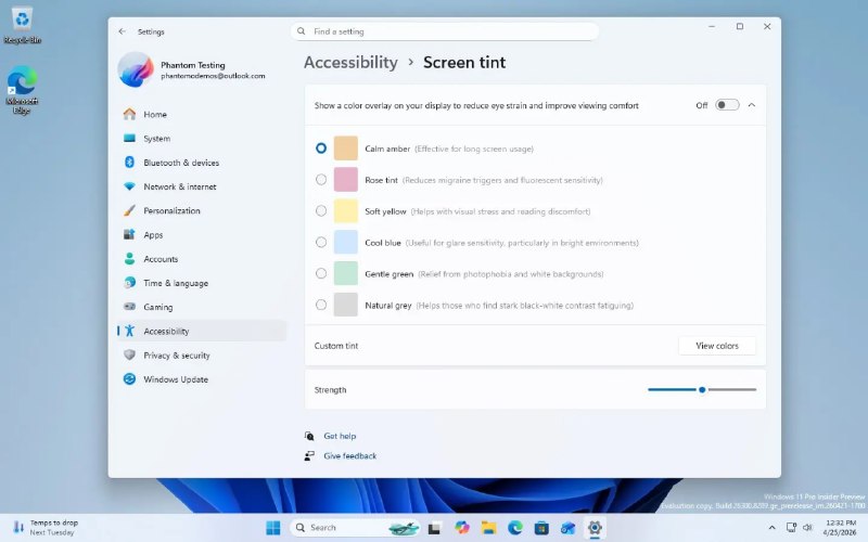 Windows将迎贴心更新 新增Screen Tint屏幕色调更护眼在最新的Windows 11预览版中，被挖掘出一项名为“Screen Tint（屏幕色调）”的隐藏显示功能，允许用户为屏幕叠加不同颜色的滤镜以减轻视觉疲劳