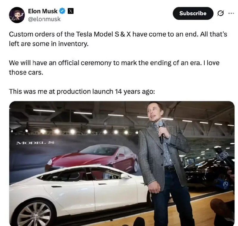 特斯拉Model S/X车型官宣停产 仅剩库存车可供选购马斯克在 X 平台发文，宣布特斯拉正式停产 Model S 和 Model X 两款车型，目前已停止接受新车定制订单，消费者只能购买库存现车