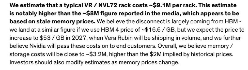 机构警告Vera Rubin整机柜成本或飙升至910万美元 HBM4内存料涨至每GB 53美元投行伯恩斯坦近日发布报告称，随着英伟达下一代Vera Rubin人工智能芯片在2027年进入大规模出货周期，高带宽内存（HBM4）价格将大幅上涨，推高整机柜系统成本