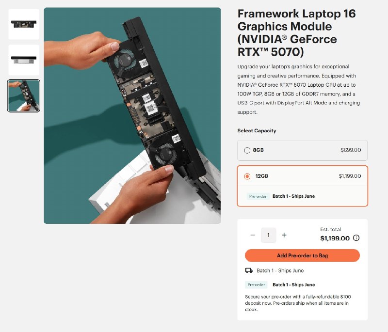 多4GB显存涨价72% Framework Laptop16新增12GB独显模块英伟达今日正式发布了RTX 5070 Laptop GPU 12GB GDDR7版本，Framework也为自家16英寸模块化笔记本推出了RTX 5070 12GB独立显卡升级模块
