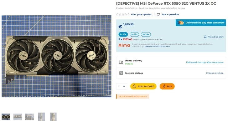 商家开卖故障RTX5090：坏卡卖半价不让退 比5080还贵法国电子产品零售商LDLC近期上架了一批故障版NVIDIA GeForce RTX 5090显卡，售价1499至1699欧元(约11962-13558元人民币)，且明确声明售出后不退不换