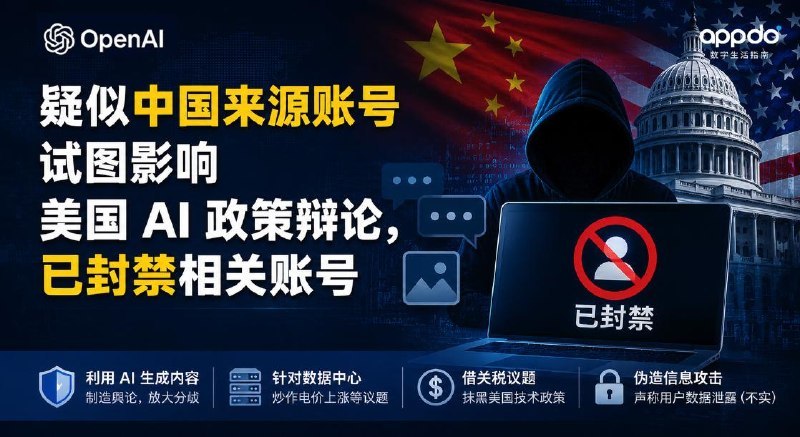 #互联网观察▎OpenAI：疑似中国来源账号试图影响美国 AI 政策辩论，已封禁相关账号OpenAI 发布报告称，其近期封禁了两组疑似来自中国的 ChatGPT 账号集群
