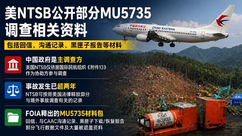 #互联网观察▎中国东方航空 MU5735 事故 文件开源有网友向 美国国家运输安全委员会（以下简称NTSB） 申请公开与 MU5735 调查有关的资料，包括 NTSB 是否有最终报告、技术摘要，以及 NTSB 和中国民航局 CAAC 在 2022 年 3 月 21 日至 5 月 21 日之间的沟通记录
