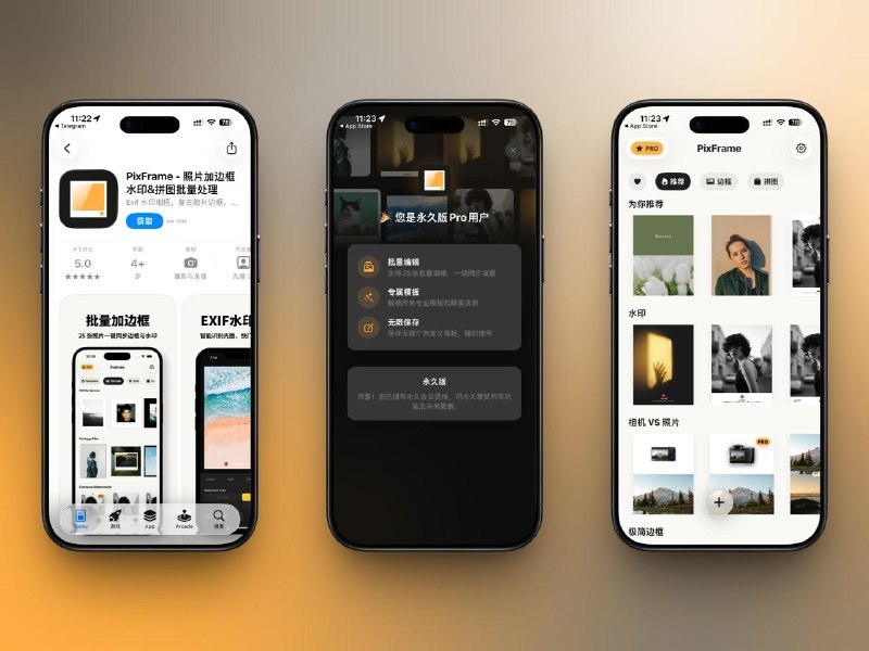 【内购限免】Pixframe 是一款专为摄影师与创作者打造的「批量照片加边框、拼图＆相机照片水印」工具集成了极简留白、复古胶片边框、专业参数水印与无缝跨屏拼图