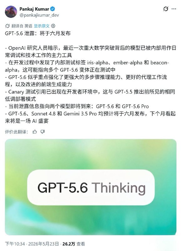 OpenAI 曝光GPT-5.6，内部代号 iris-alpha，传闻 6 月就要发