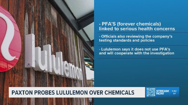 多品牌防水冲锋衣涉“永久化学物”PFAS近日，美国得克萨斯州总检察长肯·帕克斯顿宣布，已向加拿大运动服饰品牌Lululemon美国公司发布调查令，核查其产品是否含有“永久化学物”PFAS，以及是否在产品安全性上误导消费者