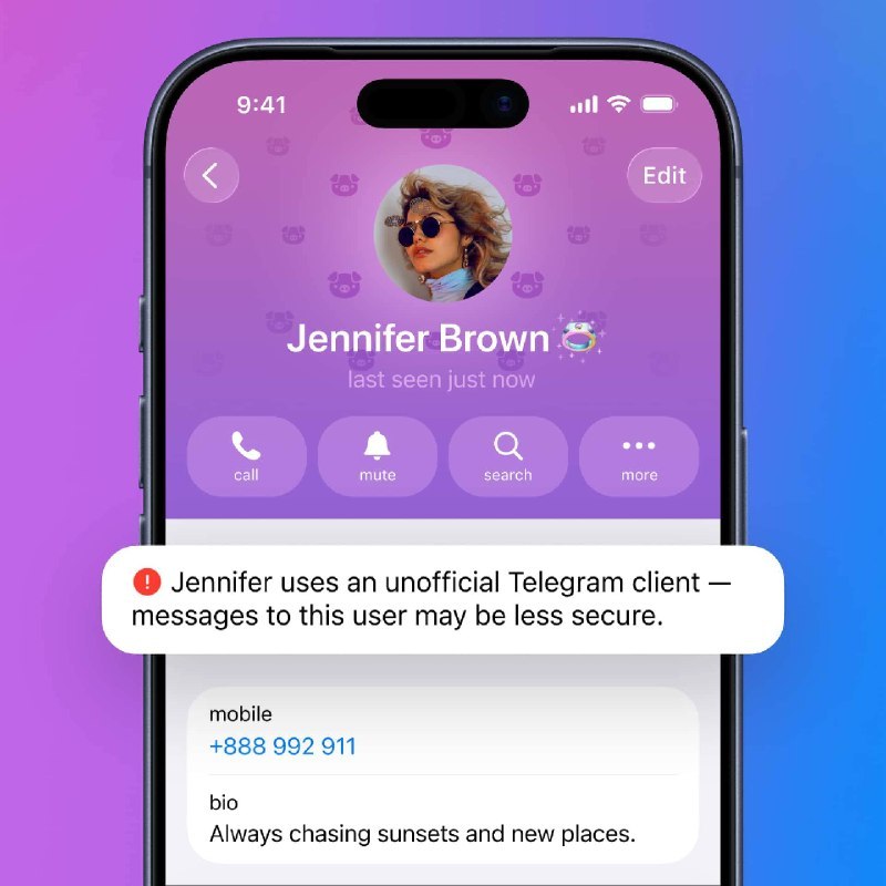 ↩️🖼 Telegram已实装对非官方应用程序的警告Yummy 😋:Telegram 将在你使用第三方客户端时提醒对方 @tginfo 在官方应用程序 Telegram for iOS 的翻译字符串库中发现了一条新记录，表明可能会引入关于对话者使用第三方客户端的警告