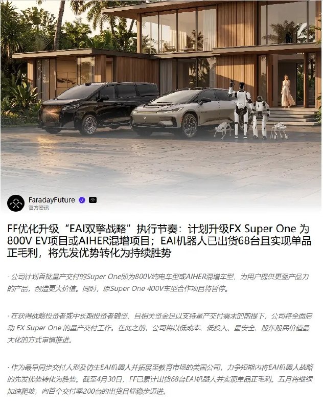 法拉第未来暂停原FX Super One 400V项目 升级800V纯电5月7日，法拉第未来今日宣布，基于与桥梁伙伴战略合作达成的共识，计划将原FX Super One车型升级为800V纯电版本或加速AIHER混增项目，同时暂停原Super One 400V车型合作项目