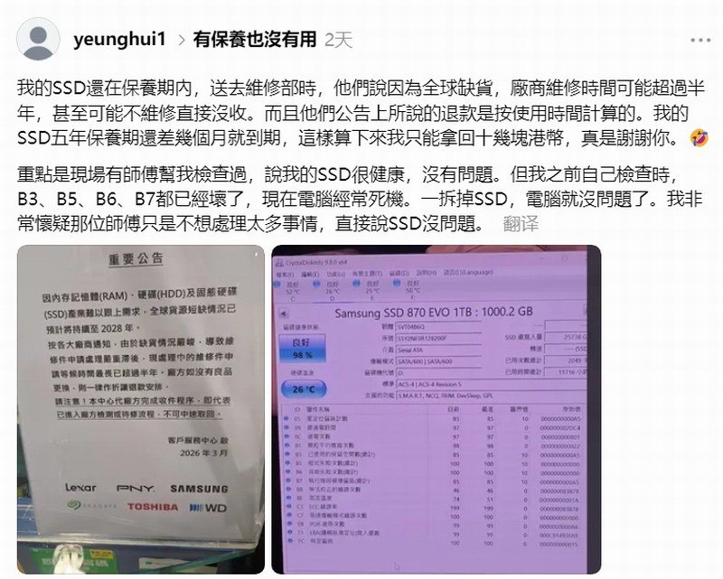 SSD保修剩几个月坏了：不修不换只退几十块 用户气笑近日有香港用户在社交媒体投诉，其购买的三星SSD 870 EVO 1TB在保修期内出现故障，送修后却被告知维修等待时间可能超过半年，若厂商无产品更换则按折旧退款，因其五年保修期仅剩数月，最终只能获退数十元港币