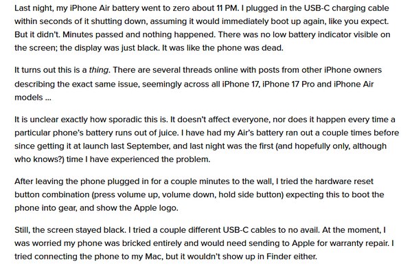 新款iPhone电量耗尽后可能无法开机 多款机型受影响有用户反馈多款新款iPhone存在Bug，手机电量彻底耗尽关机后，会出现无法开机的情况，受影响机型包含iPhone 17系列及iPhone Air等产品