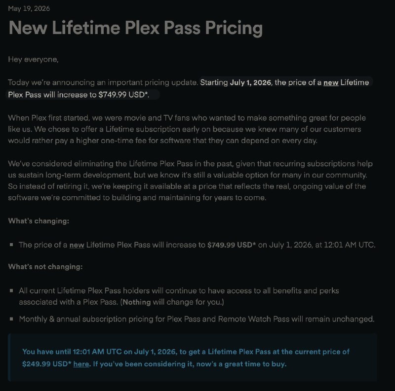 Plex 将终身 Plex Pass 的价格上调至 $750这次价格调整将于 2026 年 7 月 1 日 00:01（UTC）正式生效