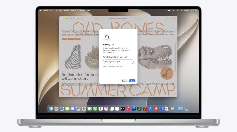 Safari Will Be Able to Monitor a Webpage and Notify You of UpdatesApple's new version of Safari browser can be tasked to monitor a webpage and notify you of any changes, thanks to a new built-in feature.With "Notify Me," Safari can keep checking a website on your behalf – such as a product you've been watching for when it comes back in stock – and alert you when a change occurs.In other upcoming feature additions, using the power of AI, Safari tabs that you have open can automatically be organized into topics.Moreover, Apple says that you can describe what you want in natural language, and Safari can create a custom extension that adapts web pages just for you.Stay tuned for all the details.Tag: WWDC 2026This article, "Safari Will Be Able to Monitor a Webpage and Notify You of Updates" first appeared on MacRumors.comDiscuss this article in our forumsvia MacRumors: Mac News and Rumors - All Stories (author: Tim Hardwick)