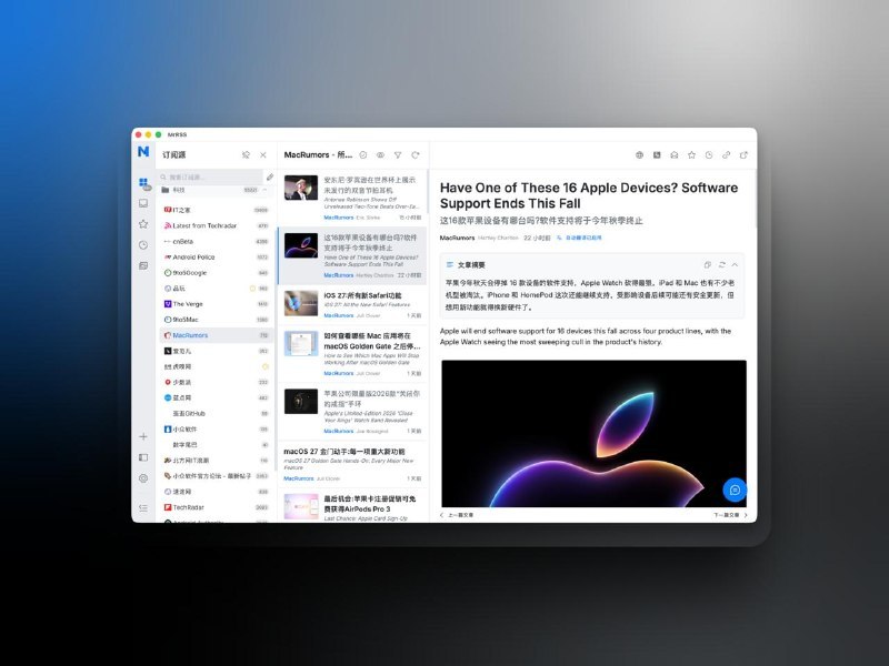 我更新了MrRSS：✨ 本地翻译:接入自建 MTranServer,英译中无限量、离线、零延迟✨ 非打扰式自动刷新:读文章时列表不再被刷新顶飞,切后台或滚到顶部才更新🔧 AI 摘要/翻译自动重试,少了一堆"失败"报错macOS/Windows 安装包已更新: github.com/xpdigital/MrRSS/releases京东🧧每天抽 3 次：点此抽取淘宝🧧每天抽 1 次：点此抽取标签:#github #mrrssCreated by RocM官方频道:@rocCHL官方群组:@roctech官方合作:@rocmmbotvia XP Digital Lab - Telegram Channel (author: RocM 不私聊任何人“小心骗子”)