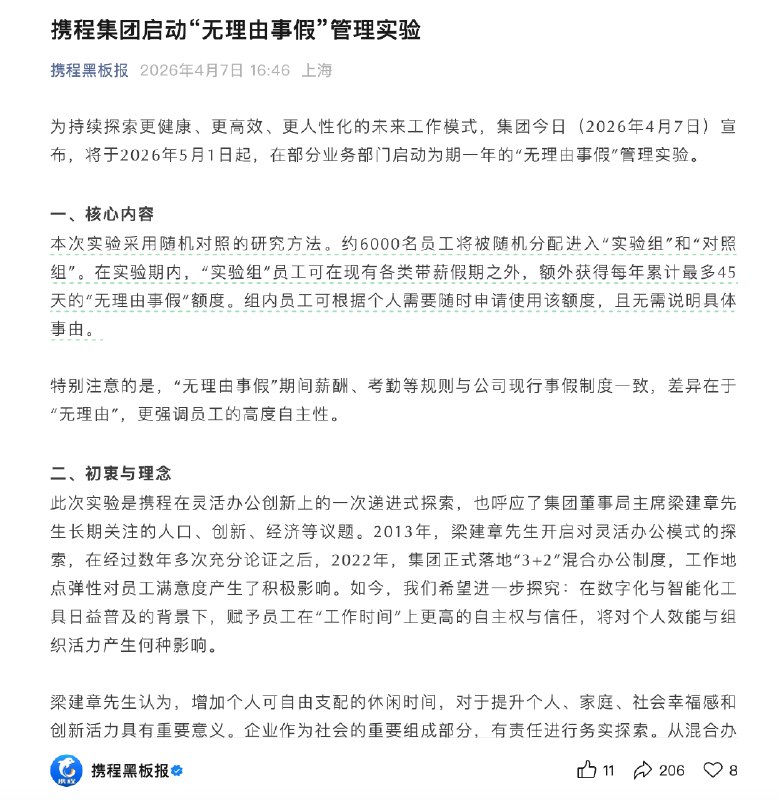 携程集团启动“无理由事假”管理实验：员工额外获得每年累计最多45天额度4月7日，携程集团宣布，将于2026年5月1日起，在部分业务部门启动为期一年的“无理由事假”管理实验
