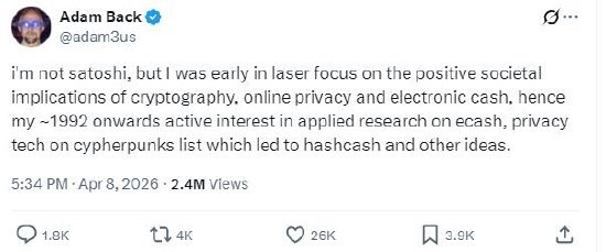 《纽约时报》称确认中本聪身份 当事人回应：统计偏差英国密码学家、Blockstream首席执行官亚当·巴克（Adam Back）周三在X平台发帖，再次否认自己是比特币创始人中本聪
