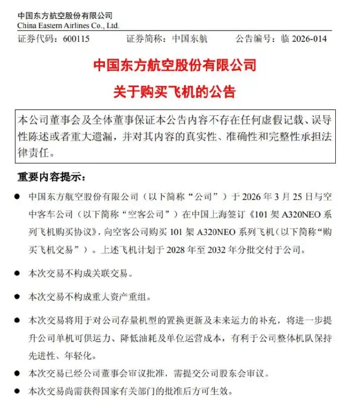 东航拟向空客购买101架飞机 谈判获较优惠折扣3月25日，中国东方航空正式发布公告，宣布与空中客车公司在上海完成签约，斥资约 1088.93 亿元人民币采购 101 架空客 A320NEO 系列飞机，计划于 2028 年至 2032 年陆续交付