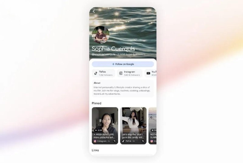 Google开始允许美国网红或 MCN 申请专属搜索结果页，把视频、文章、简介和多平台内容集中展示