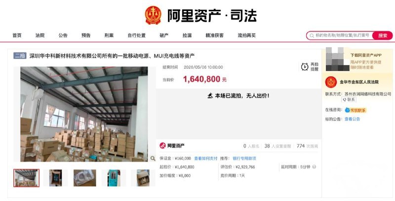 5.6 折二拍还是没人要：2 万个罗马仕充电宝、14 万根充电线再次因无人出价而流拍深圳华中科新材料技术有限公司资产拍卖于5月5日正式结束，拍卖结果无人出价