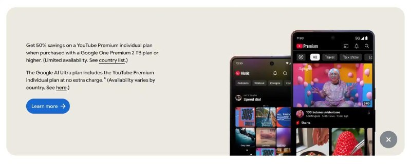 Google One 折扣可让 YouTube Premium 享受一年 50% 的折扣Google One 2TB（含）以上高级会员，且在巴西、加拿大、法国、德国、日本或美国的用户，现在可以享受 YouTube Premium 为期 12 个月的 5 折优惠