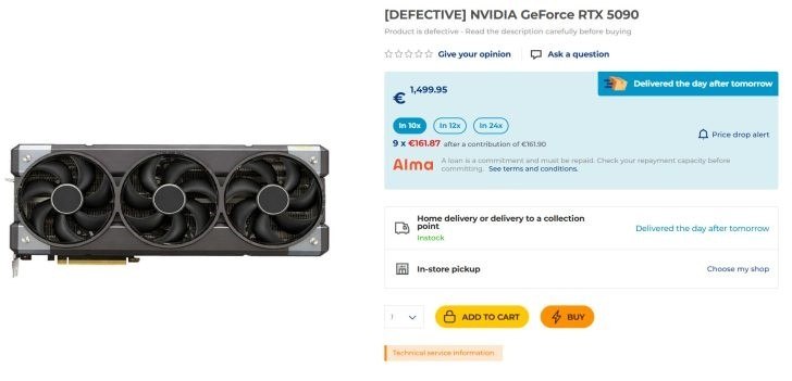商家开卖故障RTX5090：坏卡卖半价不让退 比5080还贵法国电子产品零售商LDLC近期上架了一批故障版NVIDIA GeForce RTX 5090显卡，售价1499至1699欧元(约11962-13558元人民币)，且明确声明售出后不退不换