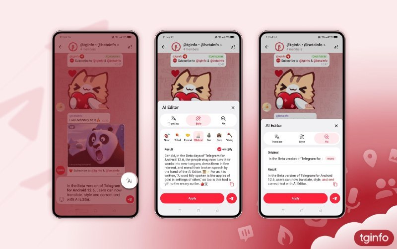 Telegram 投票功能改进和AI文本编辑器（测试中）Telegram 团队正在 **Android 版 Telegram 12.6 的 Beta 版本**中测试一批**重量级新功能**🗳投票功能全面升级* 投票现在支持 结束倒计时* 选项中可以添加 图片或其他媒体* 投票选项可设为 随机顺序显示* 参与者可以自己提交新选项* 每个投票选项都有 独立链接 ，可以直接跳转* 支持对选项 回复、复制或删除 （包括用户自己添加的选项）---🤖AI 文本编辑器 & 翻译助手* 内置 AI 助手，可用于：* 翻译文字* 修正语法和拼写错误* 改写语气和风格* 自动添加合适的表情符号* 普通用户可免费使用几次* Premium 用户拥有更高的使用额度---📸Motion Photos（动态照片）* 支持查看和发送“动态照片”* 这类照片会保留**按下快门前后的一小段视频**，类似实况照片的效果---🎵个人资料里的音乐功能* 可以在个人资料中：* 搜索自己保存过的音乐* 直接从手机存储中上传音频* 使用 Telegram 里已有的共享音频文件---🔔界面提示优化* @ 提及和表情反应 的显示样式重新设计* 在聊天列表中， 可以直接看到你的投票有了新投票提醒---以上功能目前都还在 **测试阶段**，只在 Android Beta 版中可用，正式上线时细节可能还会调整
