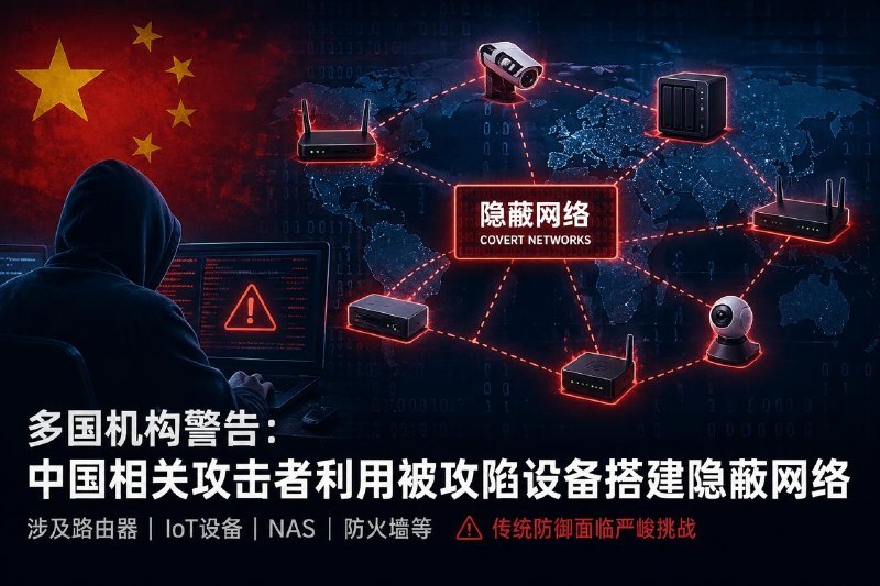 #互联网观察▎中国相关攻击者正利用被攻陷设备搭建隐蔽网络英国 NCSC、美国 CISA、FBI、NSA、日本国家サイバー統括室等多国网络安全机构近日发布联合安全通告，警告与中国相关的网络攻击者正在大规模利用被攻陷的 SOHO 路由器、IoT 设备、智能设备、NAS、防火墙等边缘设备，搭建隐蔽代理网络，用于隐藏攻击来源并开展网络侦察、恶意软件投递、命令控制通信和数据窃取等活动