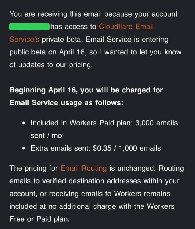 Cloudflare 即将支持发件功能，需订阅Worker Paid Plan4月16日开启公测，订阅内包含每月可发送3000封邮件，额外邮件每1000封邮件/$0.35电子邮件路由（收件功能）定价保持不变