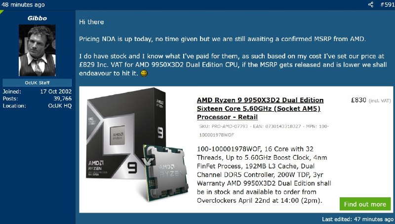 AMD锐龙9 9950X3D2官方定价899美元 贵了足足30％AMD副总裁兼Ryzen/Radeon业务总经理官方宣布，锐龙9 9950X3D2 Dual Edition官方定价899美元(约合人民币6140元)，将于4月22日正式上市