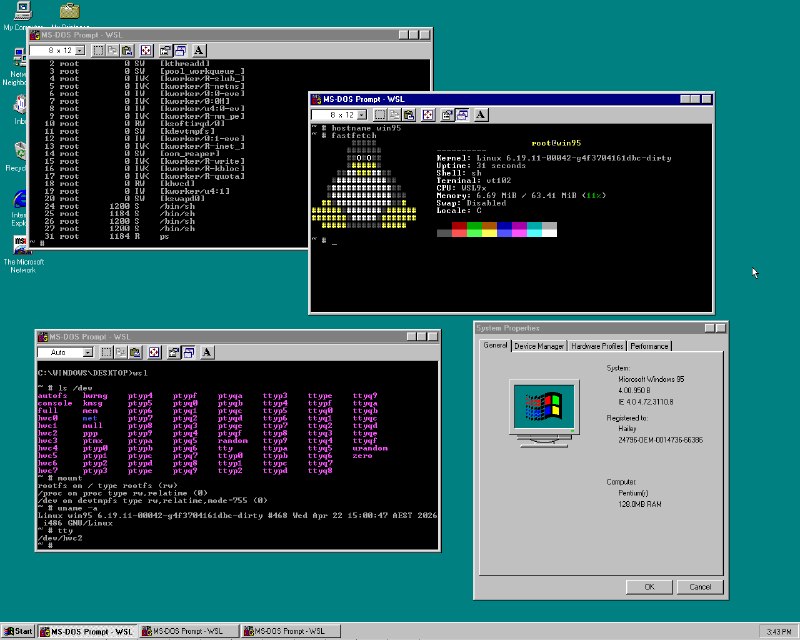 Windows 95老电脑跑最新Linux 开发者耗时6年做到了一位名叫Hailey的开发者在Codeberg上发布了一款名为WSL9x的工具，实现了在Windows 95及更早版本的Windows系统中运行现代Linux内核