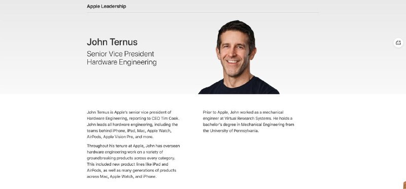 关于Apple的新CEO：John Ternus很多人可能还不熟悉这个名字，但他已经在苹果内部走了 25 年