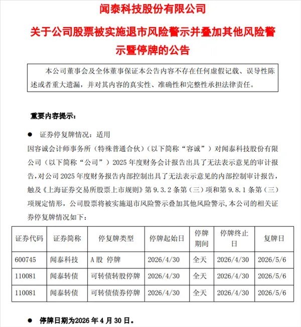 昔日市值千亿的闻泰科技将*ST 上年净亏损超87亿4月29日晚间，闻泰科技发布重磅公告，因会计师事务所对公司2025年度财务报告及内控报告均出具无法表示意见审计报告，公司股票将被叠加实施退市风险警示与其他风险警示