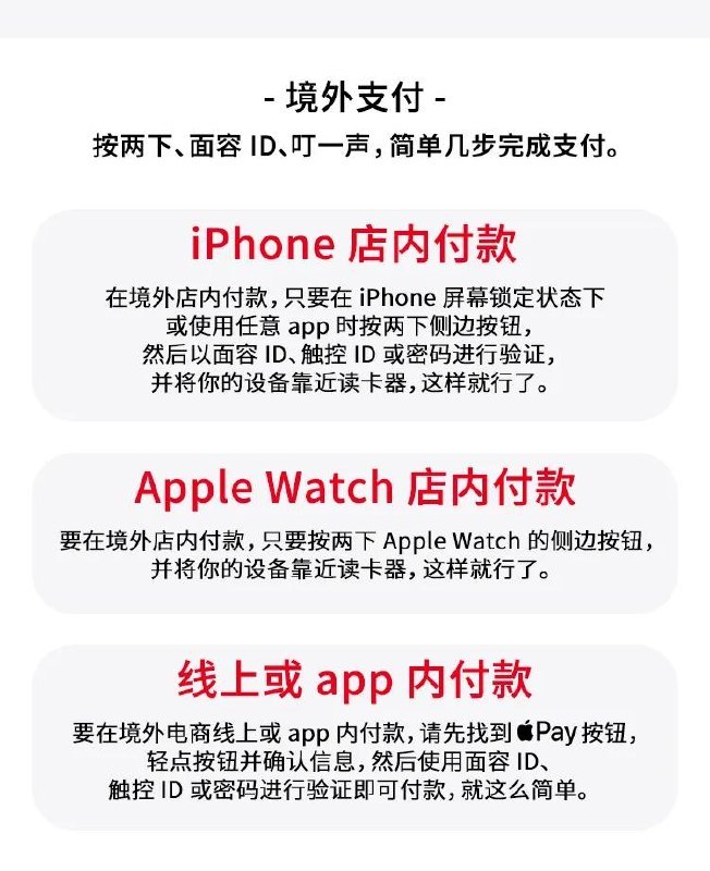 ↩️🖼 今日起，中国大陆地区发行的万事达卡（Master card）支持绑定至Apple PayYummy 😋:今日起，中国大陆地区发行的Visa卡将支持绑定至Apple Pay 持有中国工商银行、中国银行、中国农业银行、交通银行、招商银行、中信银行、平安银行、兴业银行发行的 Visa 信用卡，及中信银行发行的 Visa 借记卡的顾客，将卡片添加到 Apple 钱包 app 后即可使用 Apple Pay 进行跨境支付