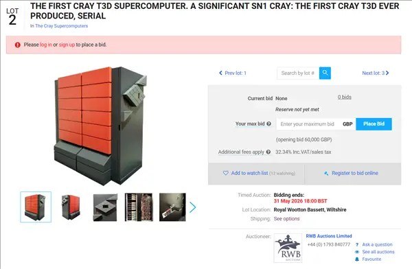 三十年前欧洲最强超算 全球首台Cray T3D拍卖：当年1个亿、现在几十万全球首台Cray T3D超算（序列号6001）正在The Saleroom拍卖，起拍价6万英镑（约54.8万元人民币），拍卖截止5月31日