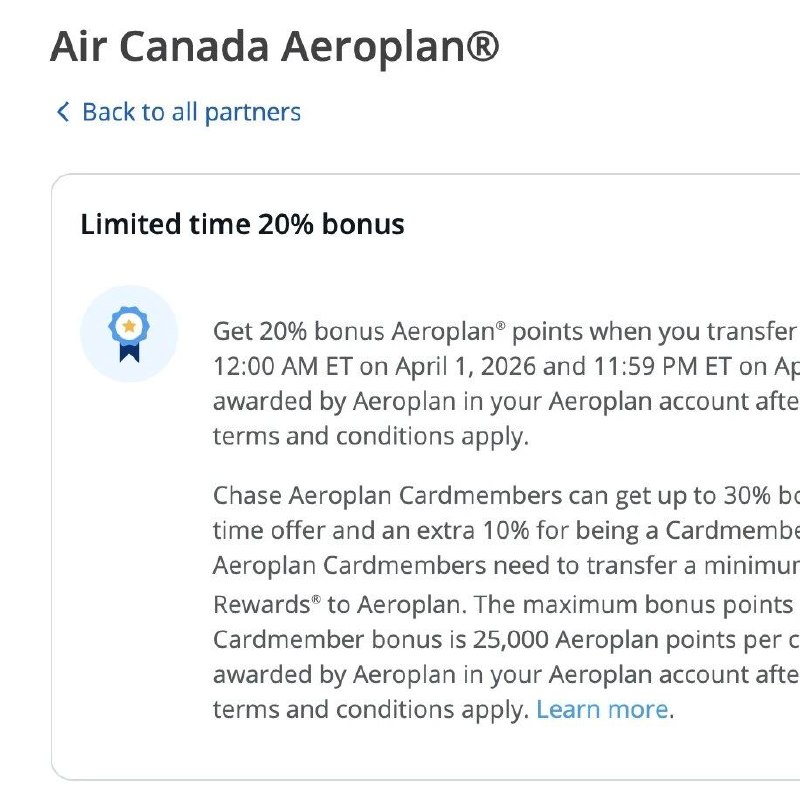 Chase UR -> Air Canada Aeroplan 20% Bonusvia 美卡指南