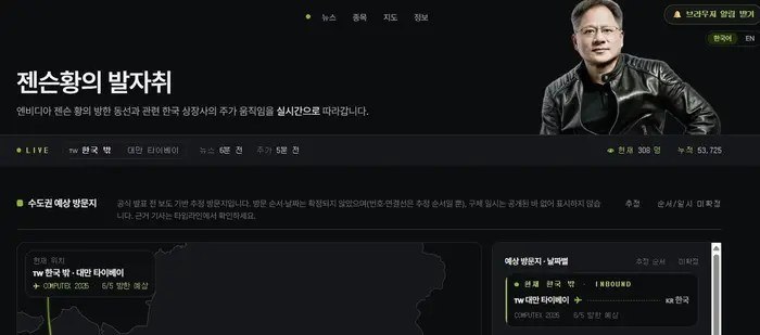 紧盯黄仁勋访韩动向 一个追踪其行程的网站走红访问量急剧攀升随着英伟达CEO黄仁勋即将开启访韩之行，一个追踪其行踪的网站引发广泛关注