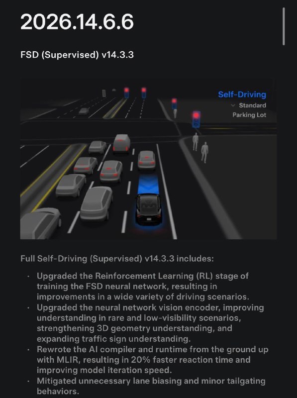 特斯拉推送 FSD V14.3.3，核心是自动驾驶性能大升级