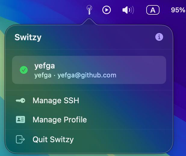 Switzy：用于切换 Git 身份、邮箱和 SSH 密钥的原生 macOS 管理工具🚀 即时身份切换：可在菜单栏中快速切换工作、个人或不同项目的 Git 配置身份