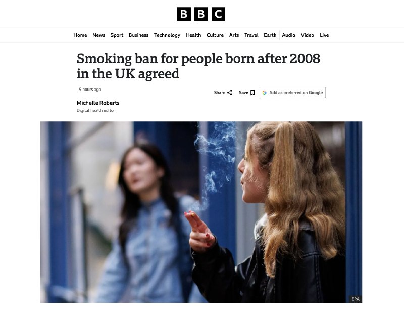 英国通过法案：2008年后出生者终身禁止购烟英国议会两院已审议通过《烟草与电子烟法案》，现年17岁及以下青少年被终身禁止购买香烟