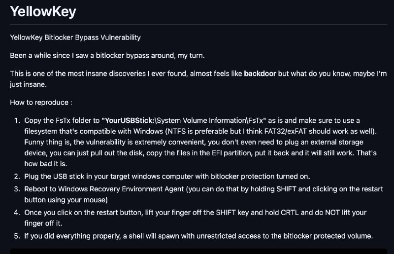 安全研究员公开BitLocker零日漏洞，可以直接绕过加密机制访问文件研究人员公开披露 Microsoft BitLocker 加密系统的低级安全漏洞，仅需 1 个 U 盘并物理接触设备即可访问未解锁的 BitLocker 加密分区任何文件