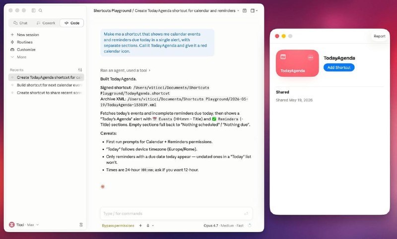 想用AI生成苹果快捷指令不用等官方更新iOS27了MacStories 提前推出了一个免费开源的 AI 工具叫 “Shortcuts Playground”你只需要用大白话打一句话，它就能通过 Claude Code 或 Codex 自动帮你把快捷指令写好并直接保存到 Finder 里