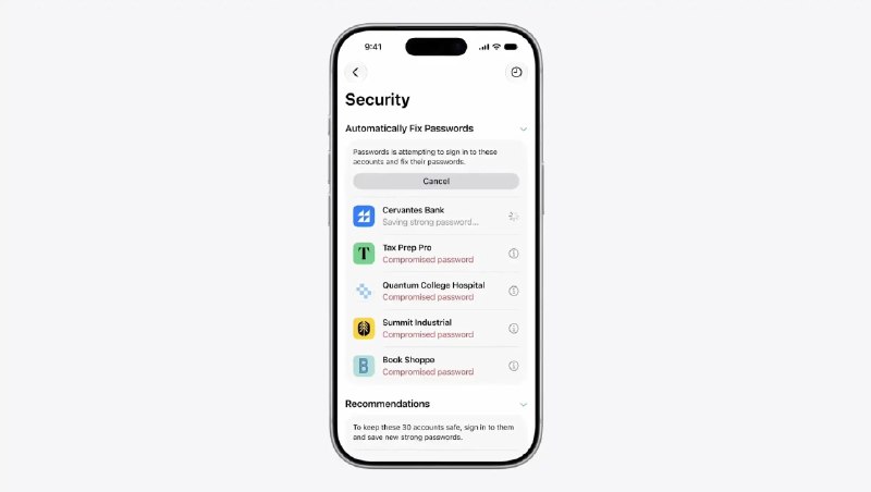iOS 27密码管理器将利用AI帮助用户自动登录网站修改弱密码和已泄露密码目前大多数密码管理器都已经支持检测弱密码和检测用户设置的密码是否已经泄露 (与已泄露密码数据库进行对比)，当检测到弱密码和已泄露密码时，密码管理器会主动提醒用户前往对应的网站修改，当然部分用户可能懒得操作所以长期使用弱密码和已经泄露的密码