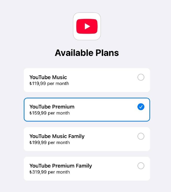 土区YouTube Premium内购已涨价个人涨价50里拉，家庭涨价110里拉via 🍉🗒 标签: #YouTube #土耳其📢 频道: @GodlyNews1🤖 投稿: @GodlyNewsBotvia Yummy 😋 - Telegram Channel
