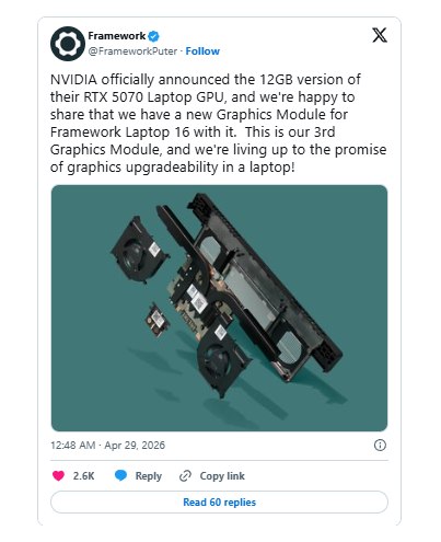 多4GB显存涨价72% Framework Laptop16新增12GB独显模块英伟达今日正式发布了RTX 5070 Laptop GPU 12GB GDDR7版本，Framework也为自家16英寸模块化笔记本推出了RTX 5070 12GB独立显卡升级模块