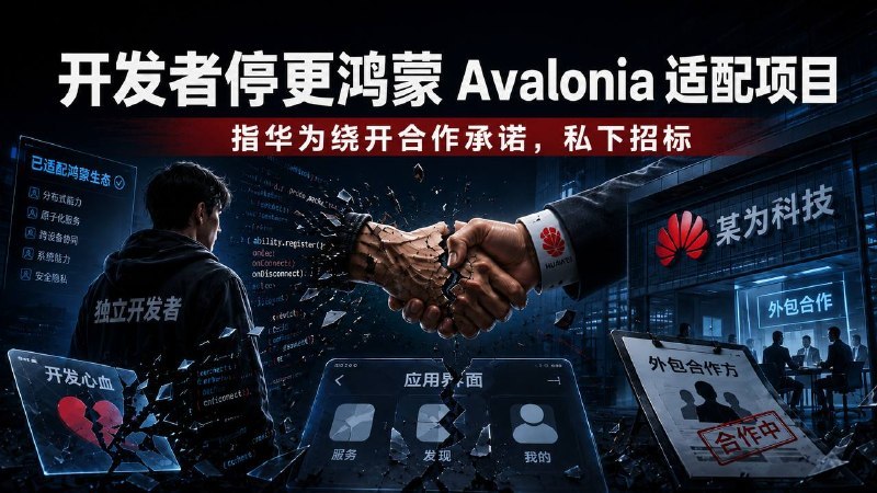 #华为▎开发者停更鸿蒙 Avalonia 适配项目，指华为绕开合作承诺私下招标一名长期业余维护 Avalonia 框架鸿蒙适配项目的独立开发者"布布"，近日宣布旗下 OpenHarmony-NET 组织下的所有项目即日起停止更新并归档