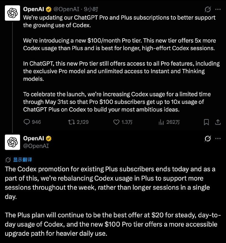 ChatGPT 新增每月 $100 的 Pro 订阅，提供5倍于Plus的的 Codex 使用量🔗 
