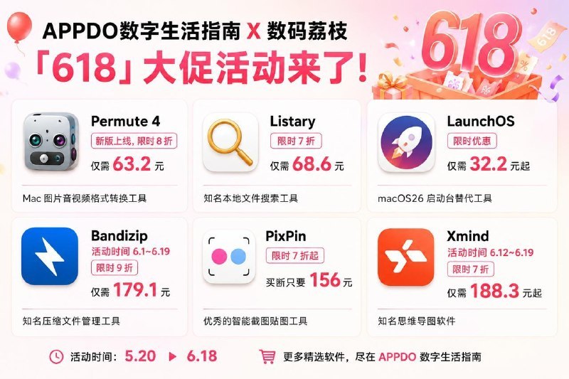 #MacOS#Windows#APPDO应用推荐🎈APPDO数字生活指南 X 数码荔枝的「618」大促活动来了！• Permute 4：￥63.2，限时8折Permute 4 新版正式上线