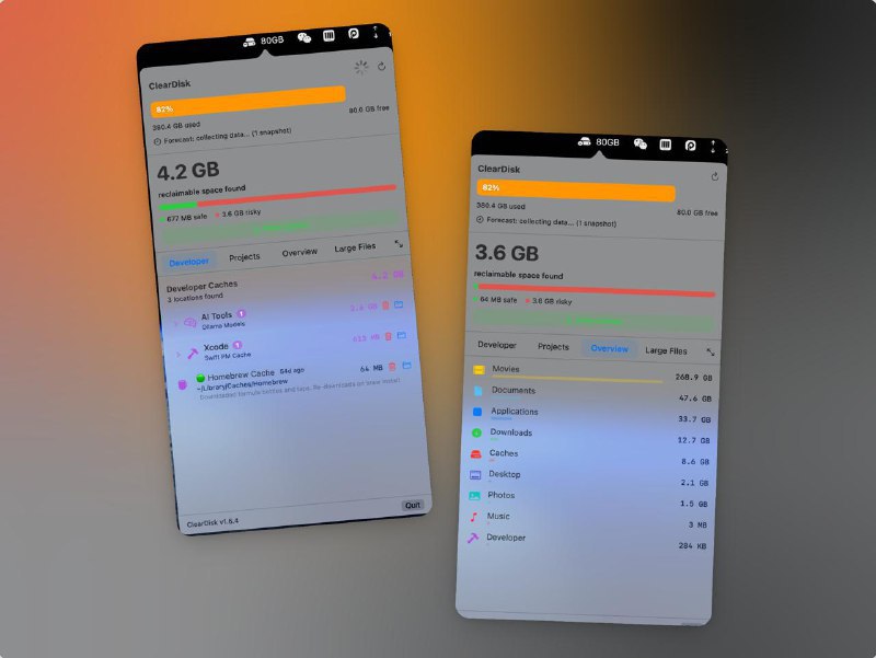 ClearDisk 是一个免费、开源的 macOS 菜单栏工具，专门用于监控和清理开发者缓存