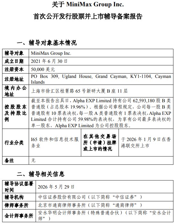 MiniMax正式启动A股IPO进程5月30日，据证监会官网IPO辅导公示系统显示，AI大模型公司MiniMax Group（稀宇科技）已于2026年5月29日正式启动A股IPO进程，中信证券担任其辅导机构