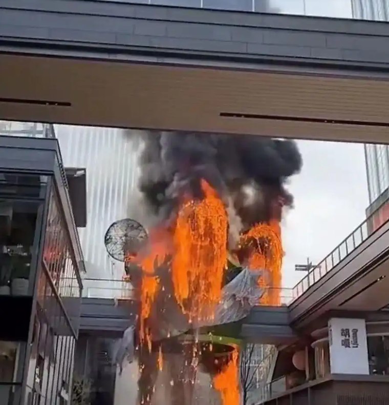 苏州一商场突发火情 系泡泡玛特MOLLY皇冠装置失火今日，IP地址为江苏的网友在社交平台发视频称苏州万象天地一设立在高处露天走廊上的绿色装饰物发生火情